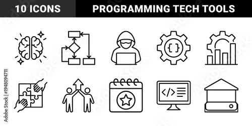 Technology and development icon set. Vector pictograms of coding, hacker, flowchart, brain, calendar, puzzle, growth, teamwork, monitor, and server, thin outline illustration.