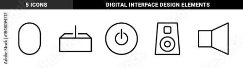 Electronics and audio line icon set. Vector pictograms of power button, webcam, pill shape, megaphone, and speaker, thin outline illustration.
