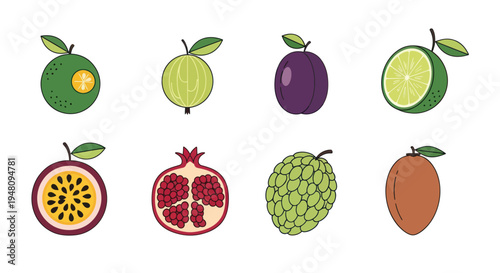 Variety of fresh colorful fruit on white