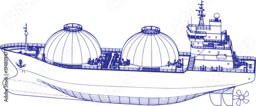 LNG Tanker Ship Line Art Illustration – Liquefied Natural Gas Carrier with Spherical Storage Tanks, Maritime Energy Transport Vessel, Industrial Shipping Cargo Ship Vector, LNG Transport Ship Outline 