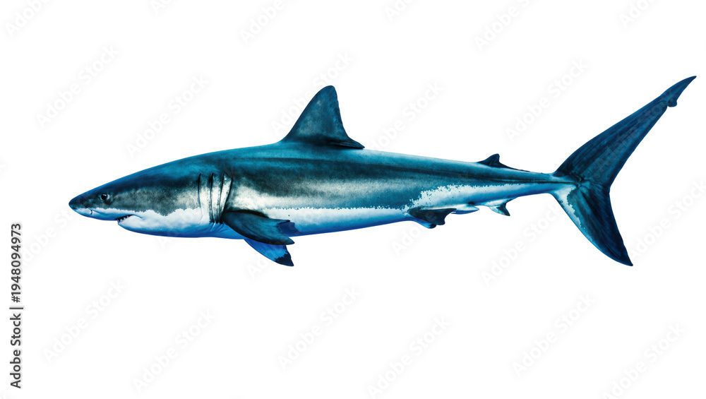 Fototapeta premium Isolated powerful great white shark swimming in profile, majestic ocean predator with sleek body
