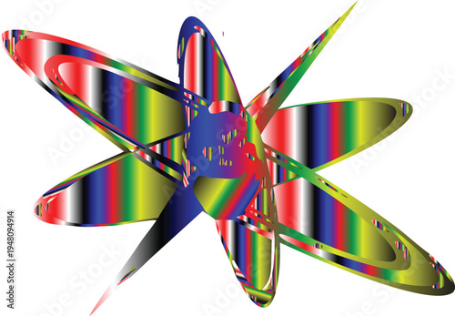 A vibrant abstract flower illustration with colorful stripes and a central dark core