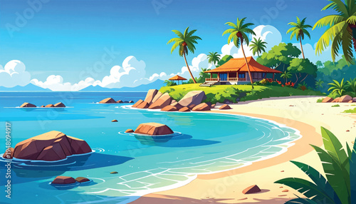 Spacious resort villa on a bright shore with palms and surf. Premium tropical property beside calm water and sunny sand. Elegant seaside lodging set on a lush coastal lawn. 