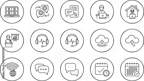 Video conference and remote work icon set featuring online meeting digital collaboration and professional telecommuting symbols for business communication.