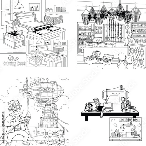Industrial & craft coloring book pages - printing, old shop, factory, sewing machine