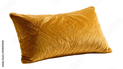 Fotografie Isolated golden yellow velvet pillow with elegant embossed leaf pattern and soft