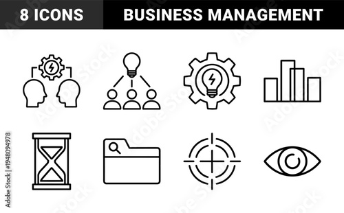 Business management line icon set. Vector pictograms of teamwork, brainstorm, leadership, search, hourglass, chart, target, vision and support, thin outline illustration.