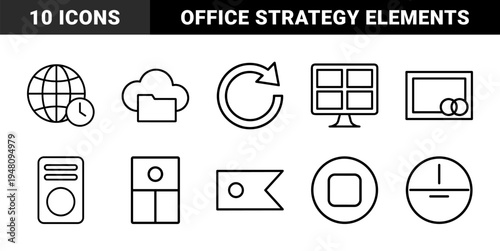 Business and office line icon set. Vector pictograms of document, chart, printer, calendar, lightbulb, briefcase, and gear, thin outline illustration.