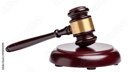 Schilderij op canvas Isolated classic wooden judge's gavel resting on sound block, representing justi