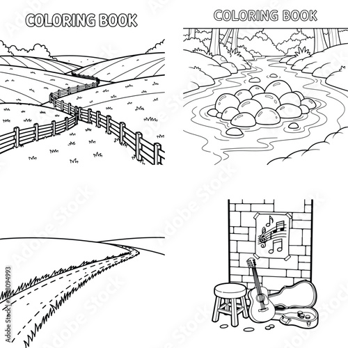 Wooden fence dividing rolling hills with line art with coloring book