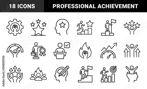 Business success and personal growth icon set. Vector pictograms of trophies, medals, stars, gears, brains, goals, and progress charts, thin outline illustration.