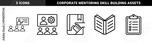 Education and training line icon set. Vector pictograms of virtual learning, classroom teaching, mentor handshake, checklist and open book, thin outline illustration.