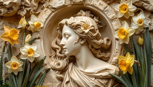 Carved woman's profile surrounded by daffodils