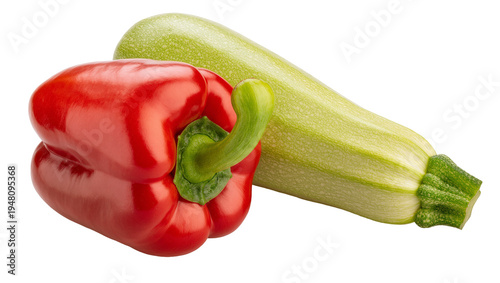 Canvas Print Isolated vivid red bell pepper and elongated light green zucchini, nutritious summer vegetables