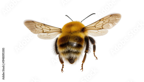 Slika na platnu Isolated bumblebee in flight, fuzzy yellow and black striped insect with translu