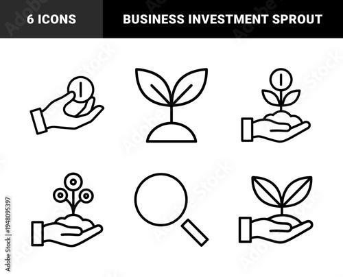Business and finance line icon set. Vector pictograms of seedling, coin, plant, dollar, hand, magnifying glass, sprout, and growth, thin outline illustration.