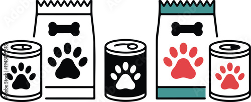 Pet food icons set featuring dog treat bags and canned products with paw prints in minimalist vector styles.
