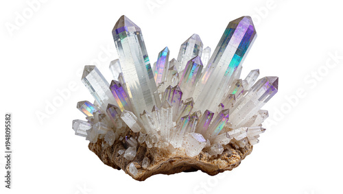 Fotografie Isolated cluster of beautiful iridescent aura quartz crystals on a rock formatio