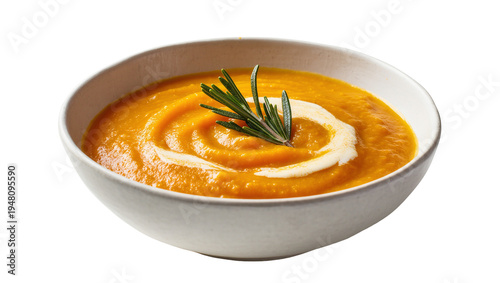 Foto Isolated delicious vibrant creamy autumn pumpkin butternut squash soup with fres