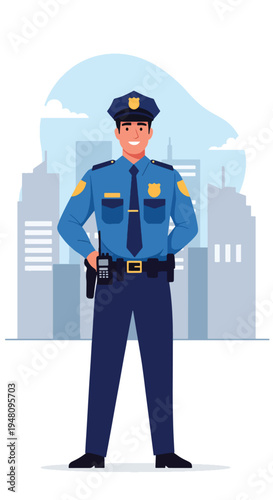 Professional police officer standing confidently in uniform with badge and radio against simple city skyline in modern flat solid color vector style