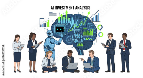 Business professionals analyzing AI investment with robot and data charts
