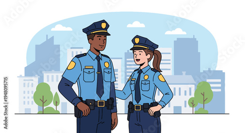 Male and female police officers in full uniform standing together with professional posture in clean modern flat solid color vector illustration style