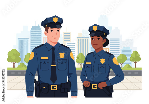 Male and female police officers in full uniform standing together with professional posture in clean modern flat solid color vector illustration style