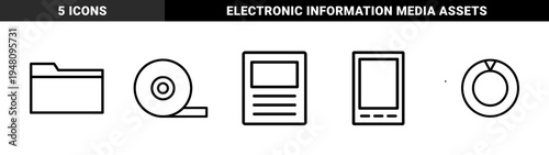 Technology and data line icon set. Vector pictograms of folder, optical disc, document, smartphone and dial, thin outline illustration.