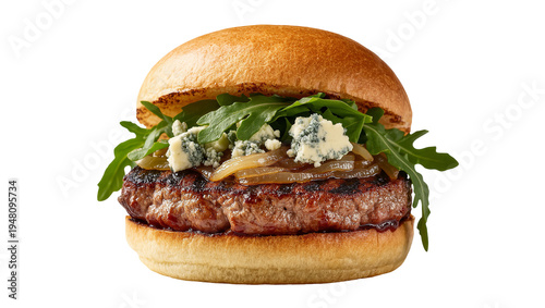Tableau sur toile Isolated delicious gourmet beef burger with blue cheese, caramelized onions, and fresh arugula