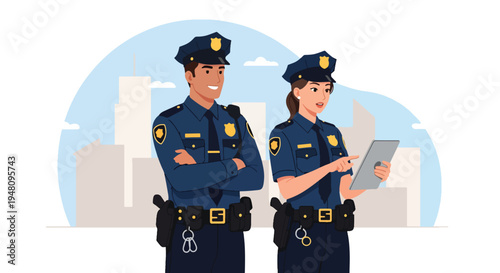 Male and female police officers in full uniform standing together with professional posture in clean modern flat solid color vector illustration style
