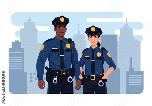 Male and female police officers in full uniform standing together with professional posture in clean modern flat solid color vector illustration style