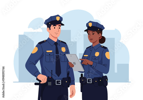 Male and female police officers in full uniform standing together with professional posture in clean modern flat solid color vector illustration style