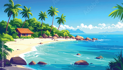 Hidden beach cottage nestled among palms and coastal greenery. Quiet tropical refuge beside gentle waves and pale sand. Natural island shelter with rocks, water, and leafy shade. 