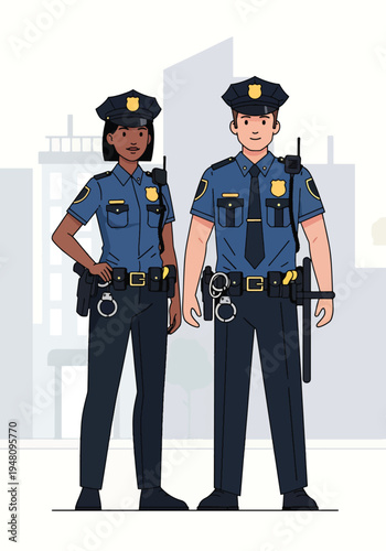 Male and female police officers in full uniform standing together with professional posture in clean modern flat solid color vector illustration style