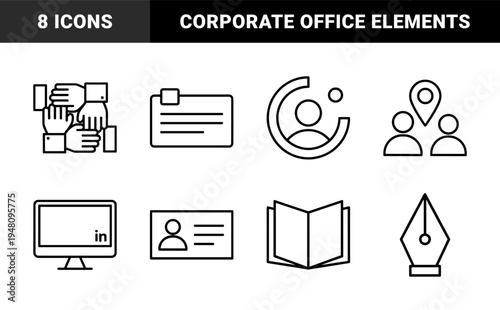 Business and communication icon set. Vector pictograms of document, user profile, teamwork, computer, id card, location, fountain pen, and open book outline illustration.