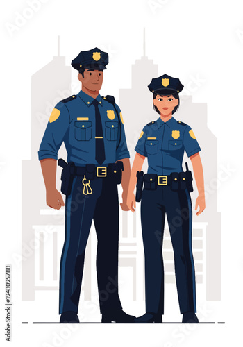 Male and female police officers in full uniform standing together with professional posture in clean modern flat solid color vector illustration style