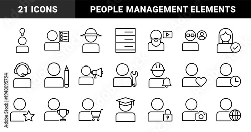 People and user management line icon set. Vector pictograms of profile, worker, customer, graduate, winner, and shopping assistant, thin outline illustration.