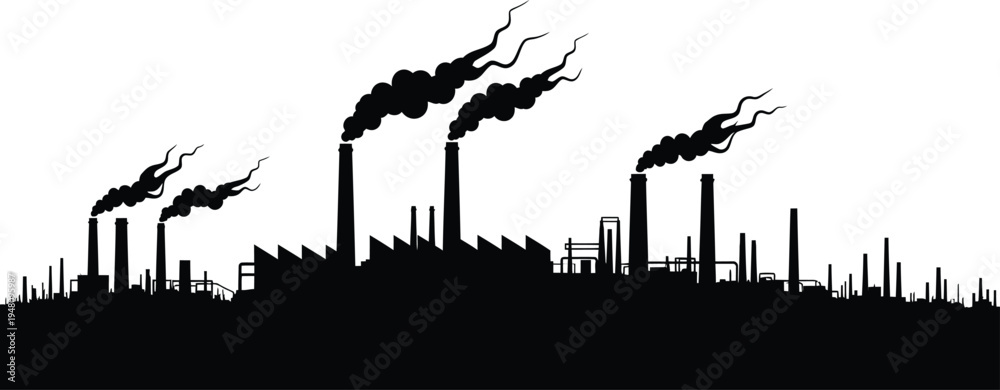 Obraz premium Industrial Factory Silhouette with Smoking Chimneys on White Background