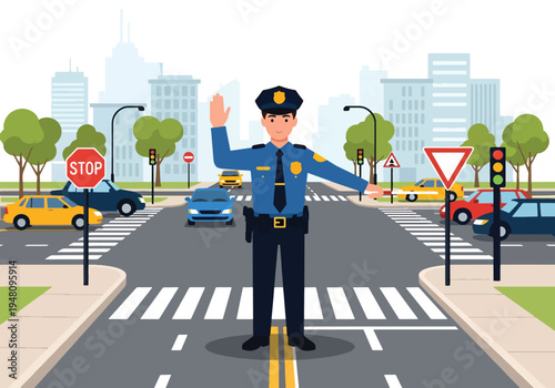 Police officer directing traffic at busy city intersection with cars and road signs illustrated in modern flat solid color vector style