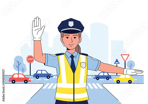 Police officer directing traffic at busy city intersection with cars and road signs illustrated in modern flat solid color vector style