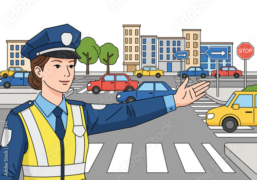 Police officer directing traffic at busy city intersection with cars and road signs illustrated in modern flat solid color vector style