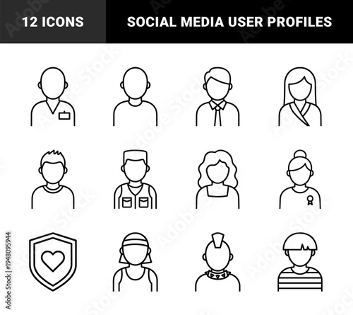 People and avatar line icon set. Vector pictograms of employee, student, worker, punk, athlete, and character, thin outline illustration.