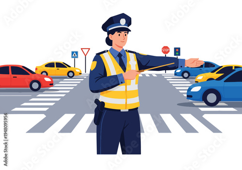 Police officer directing traffic at busy city intersection with cars and road signs illustrated in modern flat solid color vector style