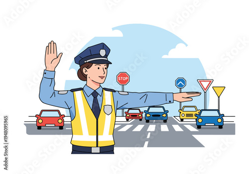 Police officer directing traffic at busy city intersection with cars and road signs illustrated in modern flat solid color vector style