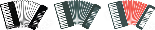 Minimalist accordion musical instrument vector icons set featuring keyboard and bellows in black gray and red flat styles.