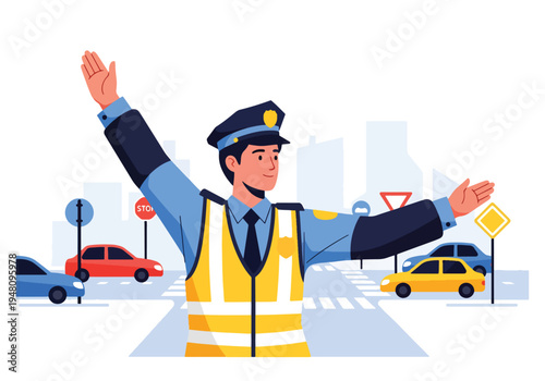 Police officer directing traffic at busy city intersection with cars and road signs illustrated in modern flat solid color vector style