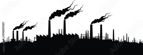 Industrial Factory Silhouette with Smoking Chimneys on White Background