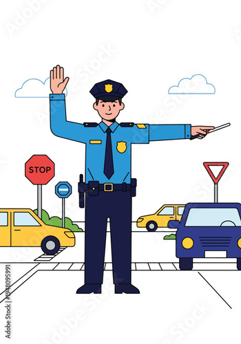 Police officer directing traffic at busy city intersection with cars and road signs illustrated in modern flat solid color vector style