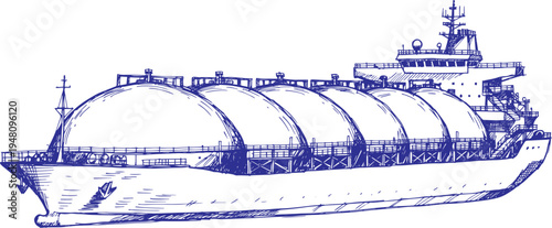 LNG Tanker Ship Line Art Illustration – Liquefied Natural Gas Carrier with Spherical Storage Tanks, Maritime Energy Transport Vessel, Industrial Shipping Cargo Ship Vector, LNG Transport Ship Outline 