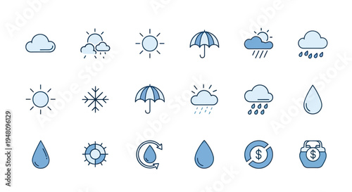 Weather icons sun rain clouds umbrella